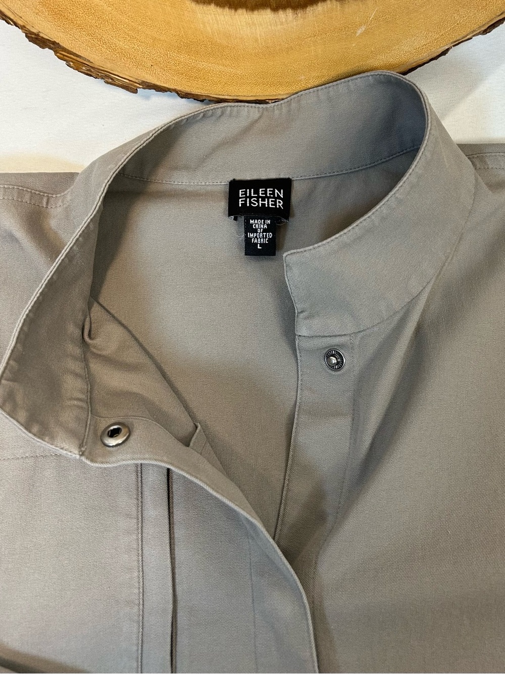 Eileen Fisher Khaki Canvas Shirt Jacket Button Up Mandarin Collar Women’s Large - Picture 4 of 7